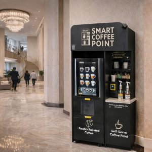 Smart Coffee Point automated espresso kiosk in luxury apartment lobby NYC