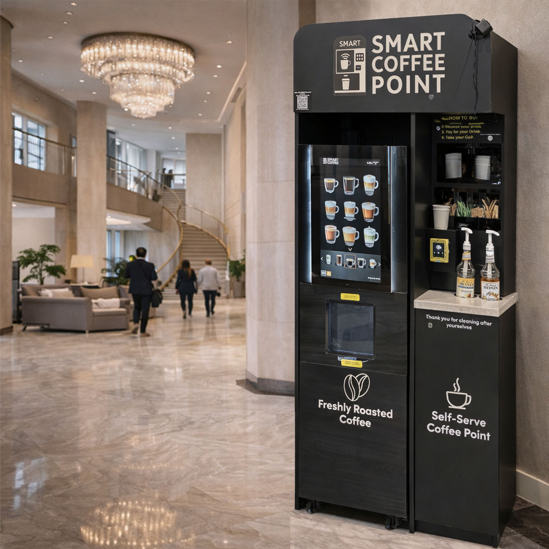 Lobby-SCP Smart Coffee Point automated espresso kiosk in luxury apartment lobby NYC